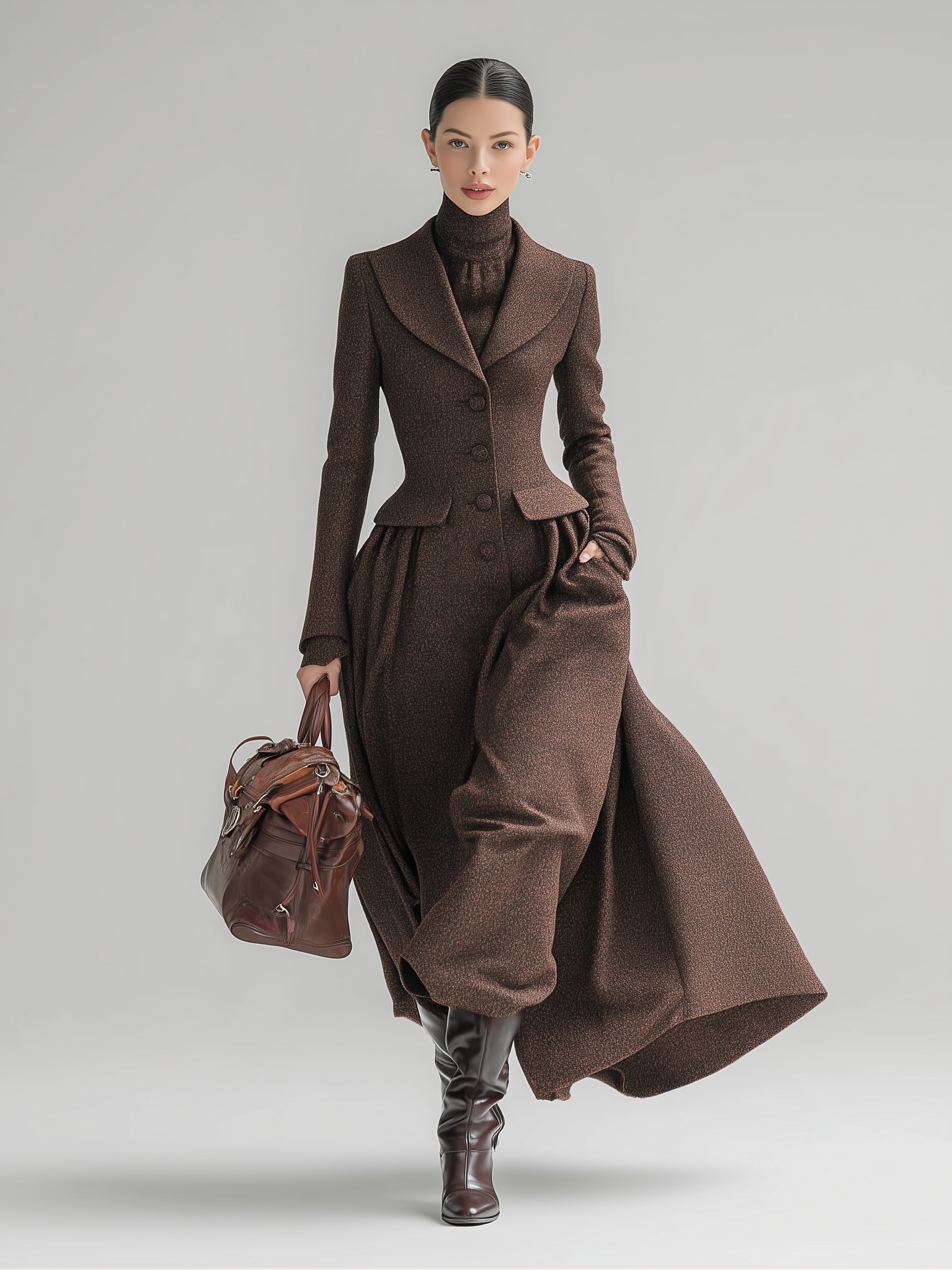 Women's Elegant Woolen Blend Lapel Single-Breasted Long Coat MDA1025J8Y