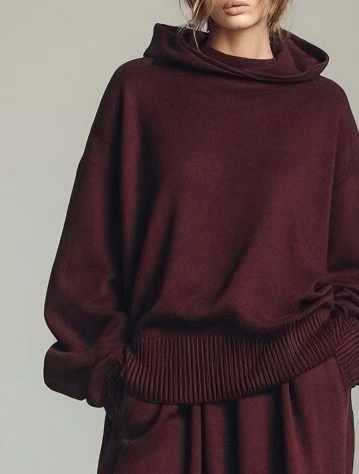 Women's Burgundy High-End Hooded Loose Knitted Long Dress Set MDA0668K0AN