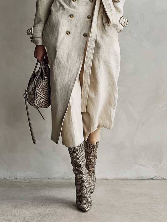 Women's Cotton And Linen Blend Double-breasted Belted Long Trench Coat MDA0956I5Y