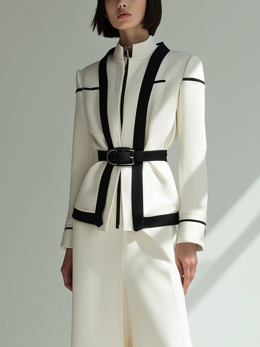 Women's White And Black Cotton Blend Fitted Short Jacket And Wide-leg Pants Set MDA0482K3T