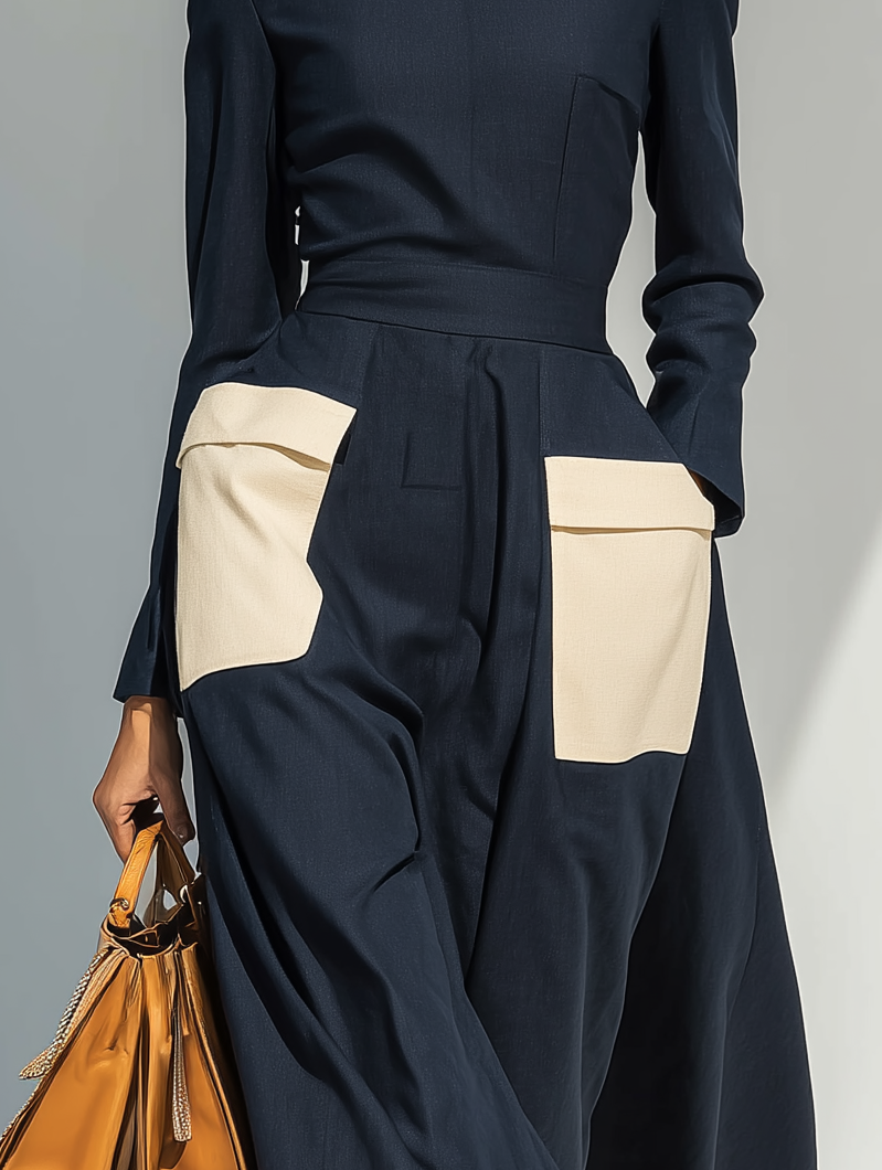 Women's Fashionable And Elegant Navy Blue Turtleneck Long-sleeved Fitted Top Paired With Matching Wide-leg Trousers With White Color Blocking Pockets MDA1828K2AN