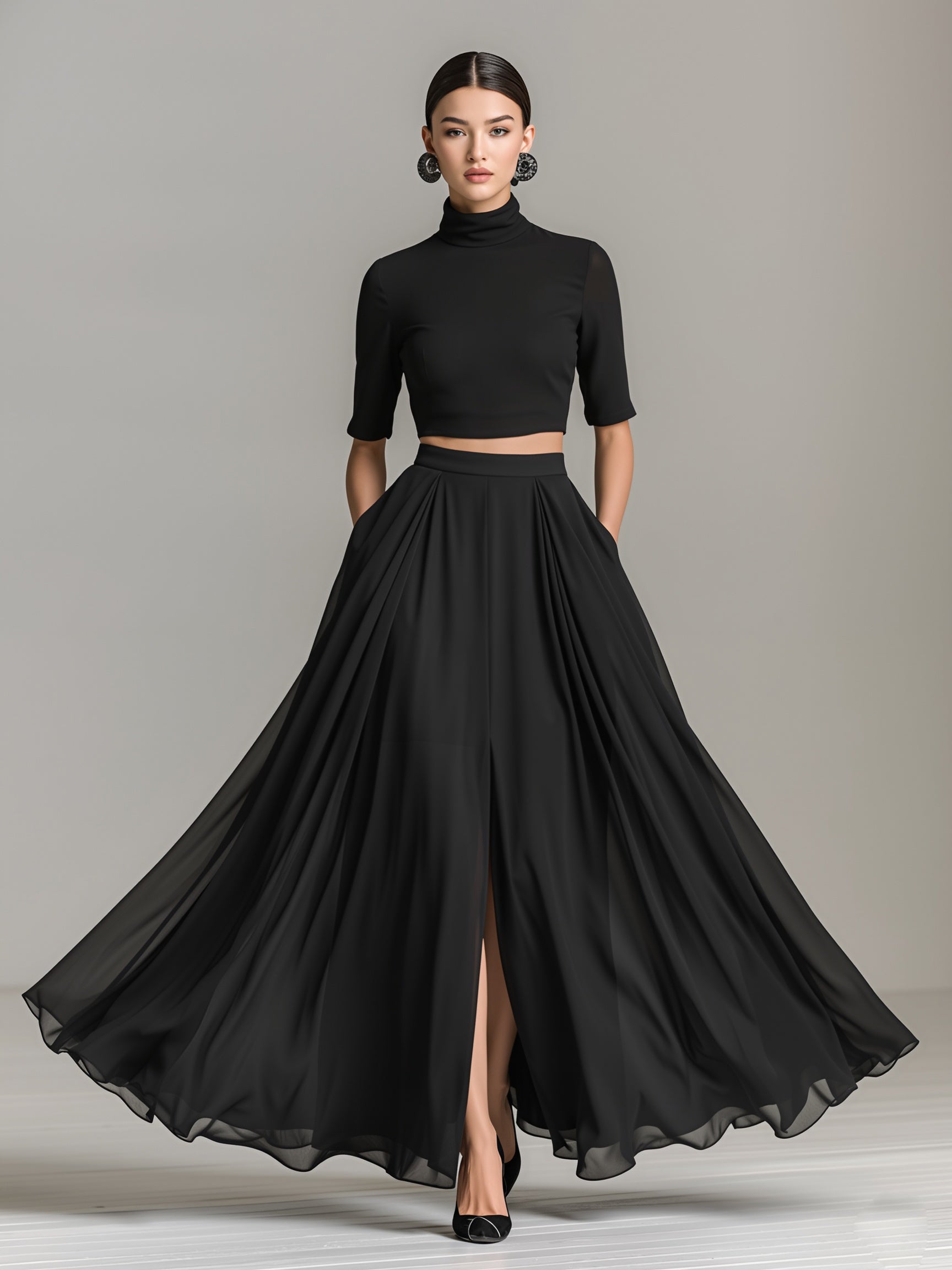 Women's Fashionable And Elegant Black Round Neck Fitted Short Long-sleeved Top Paired With A Black Chiffon Long Skirt That Is Lightweight And Stretchy MDA1924K7AN