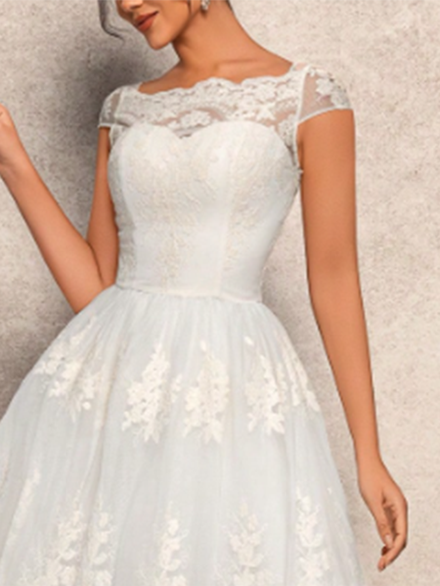 Women's Mesh Lace Embroidery Short Sleeve Waist Wedding Midi Dress MDA1981F6Y
