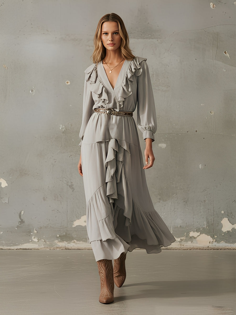 Women's Dusty Gray Silky Woven Dress With Ruffled V-Neck & Belted Waist, Timeless Bohemian Style Dress (without Belt) MDA1201L3I