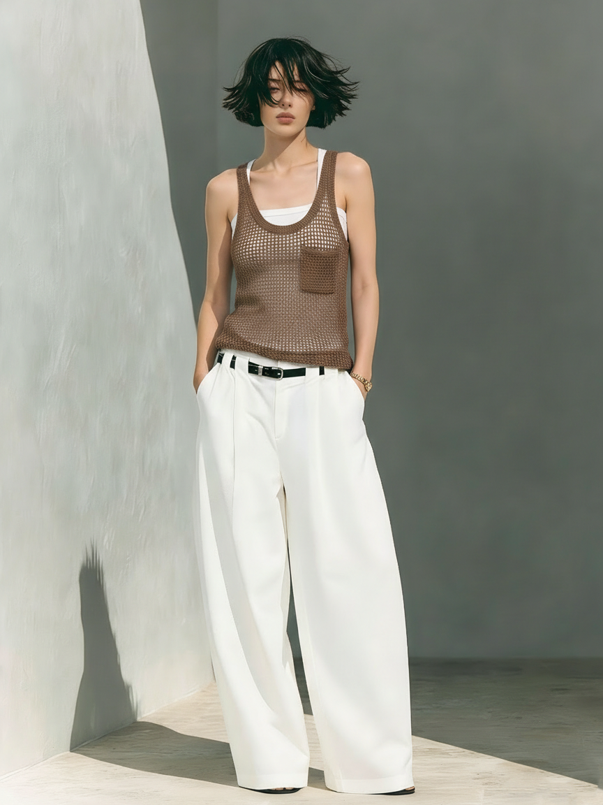 Women's Minimalist Hollow-Out Knitted Tank Top And Wide-Leg Pants Three-Piece Set (Belt Not Included) MDZ0399C0Y