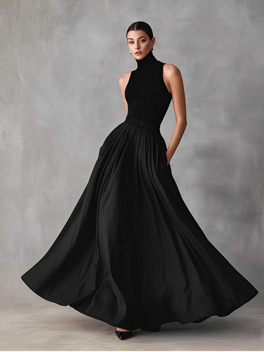 Women's Jet Black Structured Dress With Flowy Skirt, Modern Bold-Chic Style Dress MDZ1226A8I