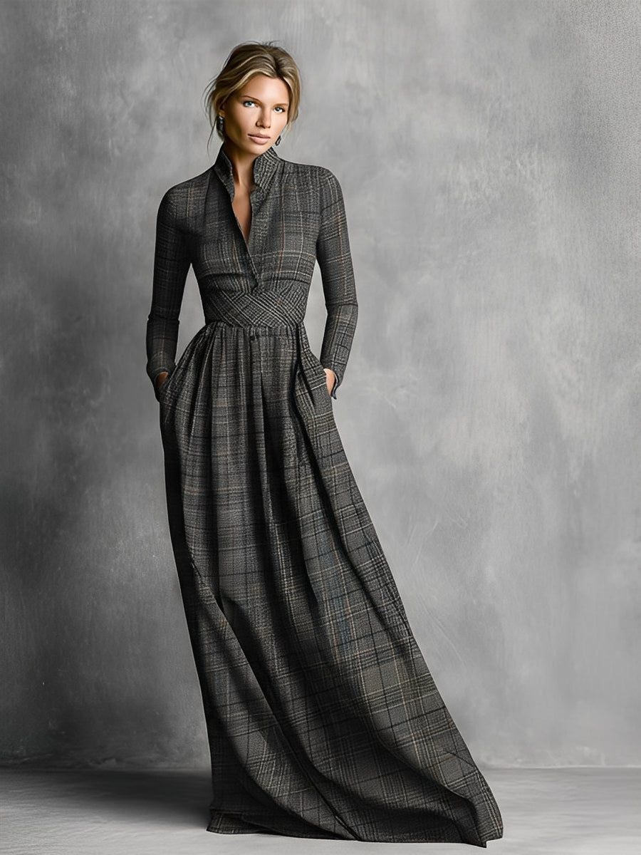 Women's Gray Plaid Stand-up Collar Pleated Skirt, Elegant Maxi Dress MDA2559J1I