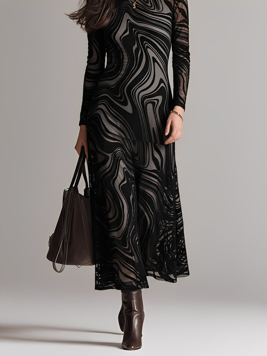 Women's Black Patterned Sheer Dress With Round Neck & Relaxed Fit, Sophisticated Casual-Evening Style Dress MDA1774L9I