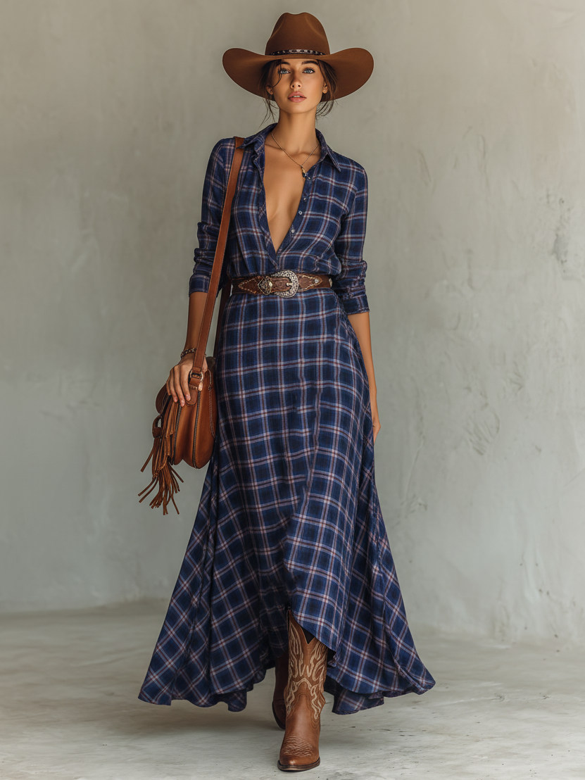 Women's Casual Plaid Print Shirt Collar Maxi Dress (belt Not Included) MDA2990J3Y