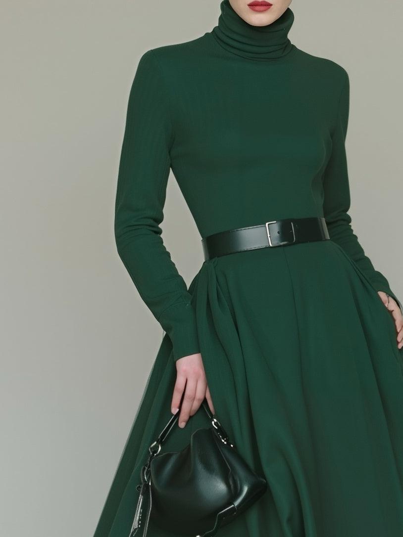 Women's Elegant And Sophisticated Emerald Green Turtleneck Slim-fit A-line Long Dress With Belt MDA0727K4AN