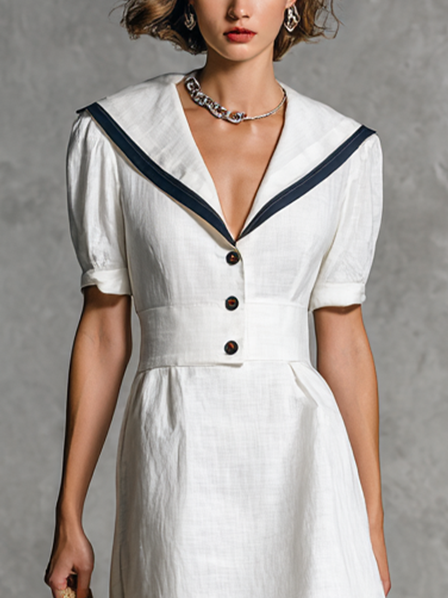 Women's Vintage White Cotton And Linen Mid-length Dress With A Sailor Collar MDZ2753A5BA