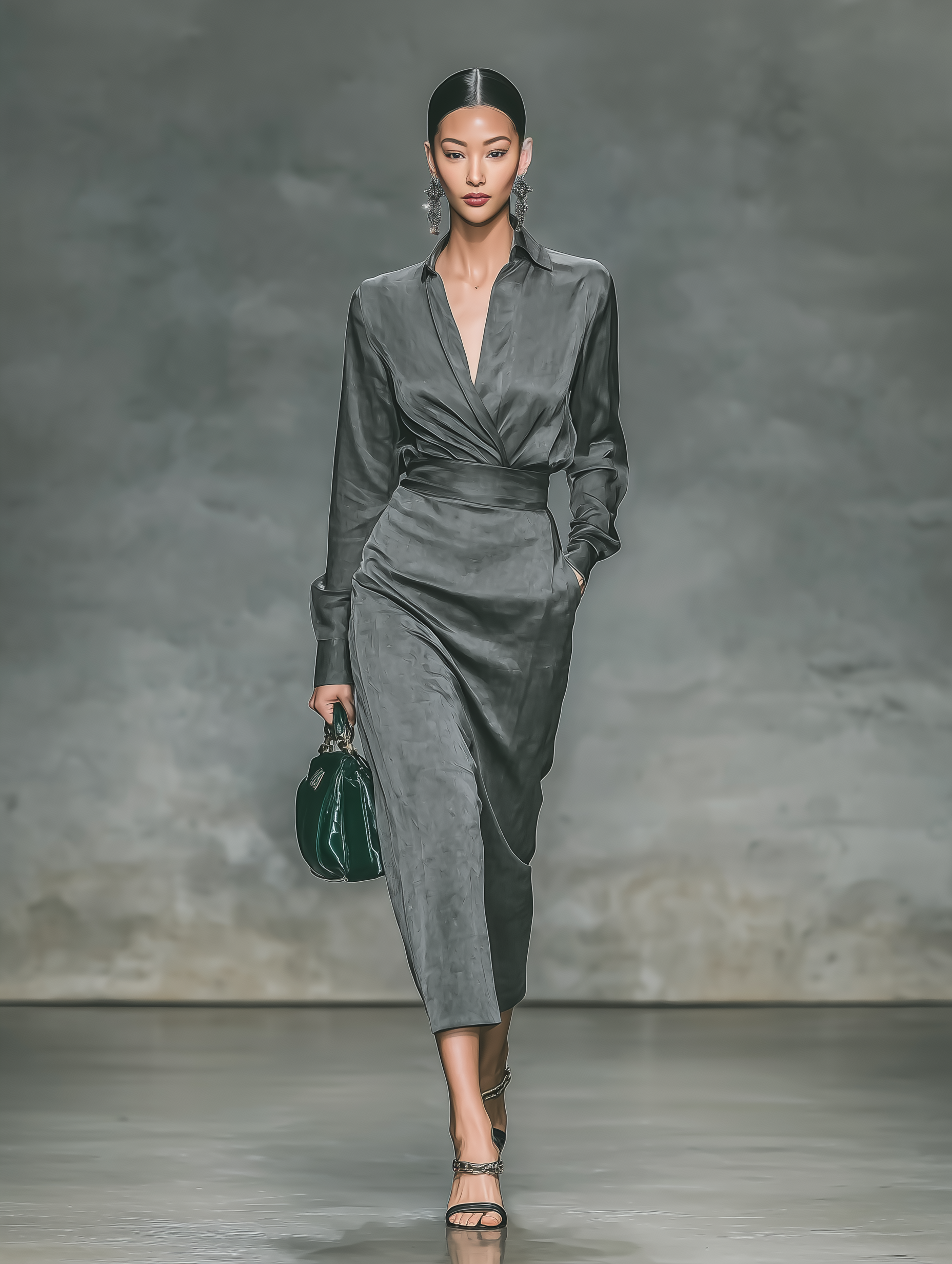 Women's Elegant Grey Glossy Satin Long-sleeved Shirt Paired With A Midi Skirt Suit MDA0811L6AN