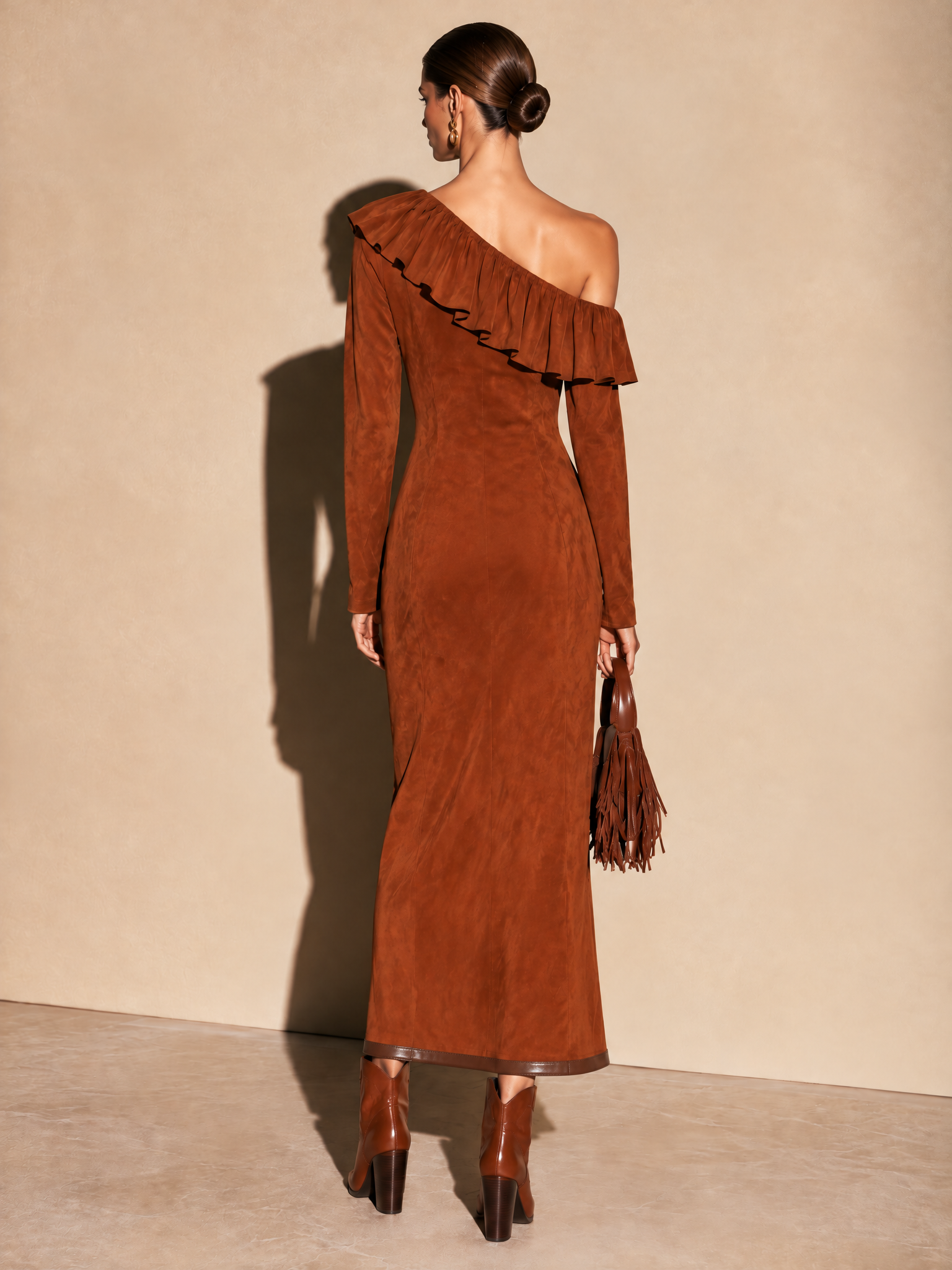 Women's Asymmetric One-Shoulder Ruffle Long Sleeve Dress