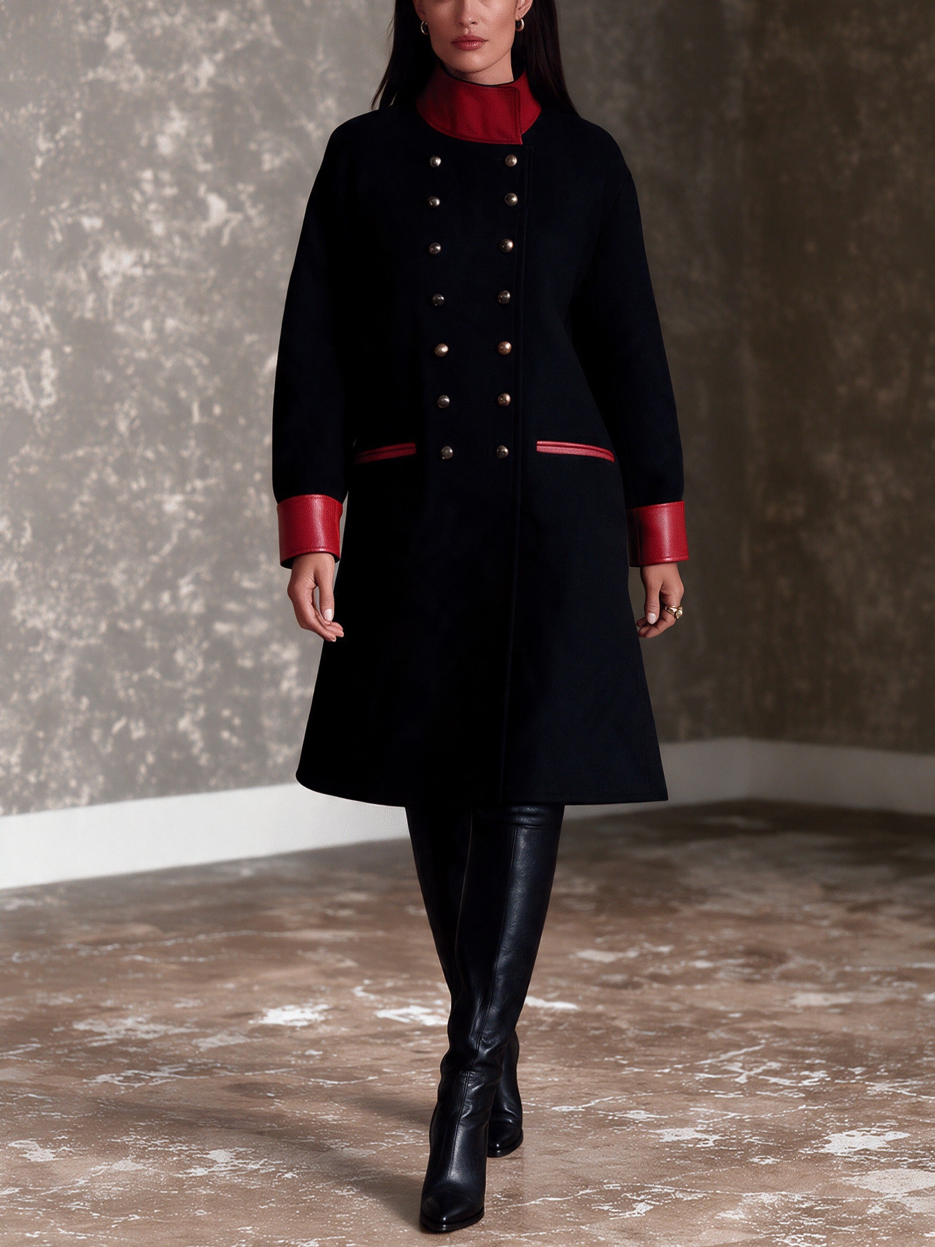 Women's Military-Inspired Double-Breasted Contrast Stand-Collar Coat