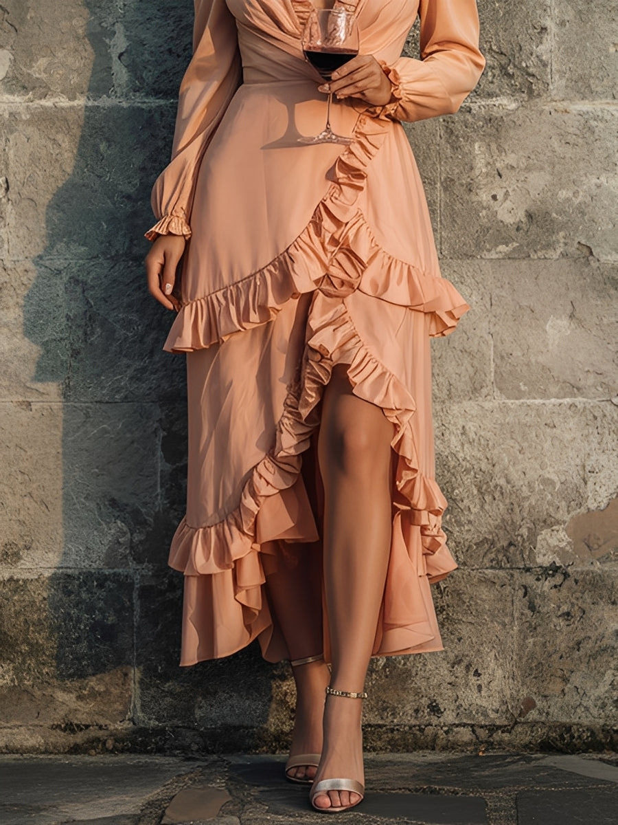 Women's Blush Peach Satin Dress With Ruffle Trim & Deep V-Neck, Timeless Romantic-Elegant Style Dress MDA1940L9I