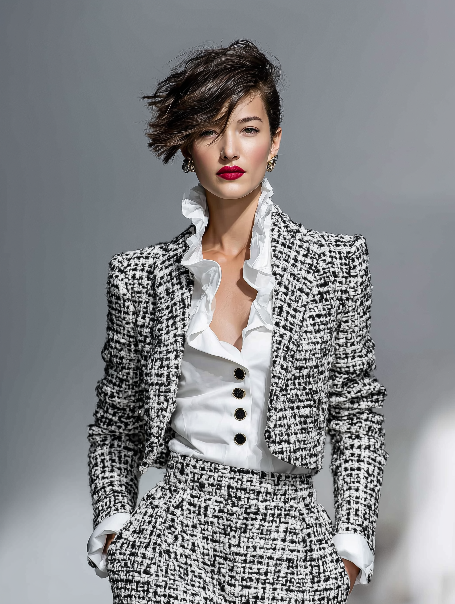 Women's Minimalist Tweed Lapel Collar Short Jacket With No Buttons MDA2546K9Y