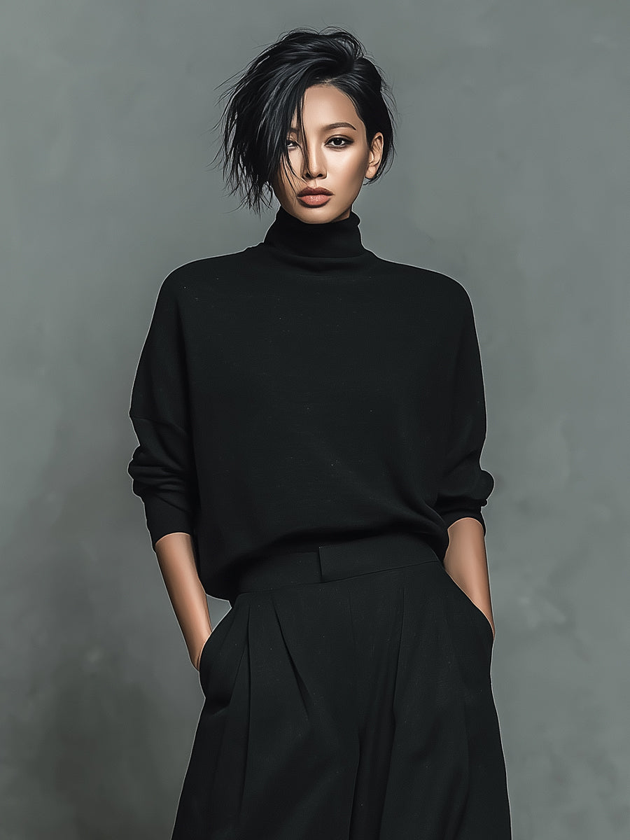 Women's Black Knit & Tailored Fabric Minimalist Turtleneck Wide-Leg Pant Set MDA1700K3I