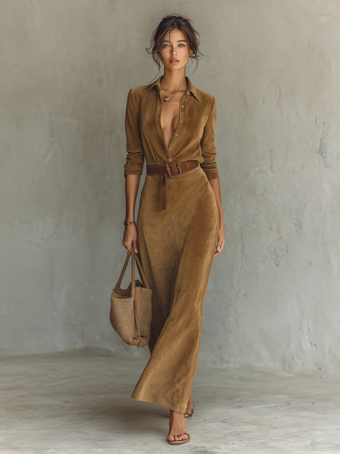 Women's Suede Single-breasted Lapel Belt Maxi Dress MDA1205H8Y
