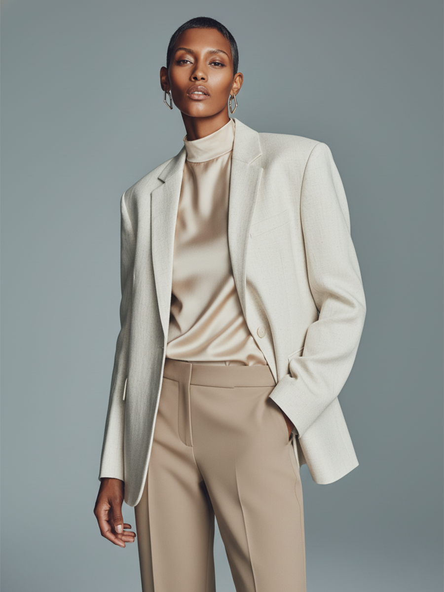 Women's Cream Textured Woven Single-Breasted Blazer MDA2839K5I