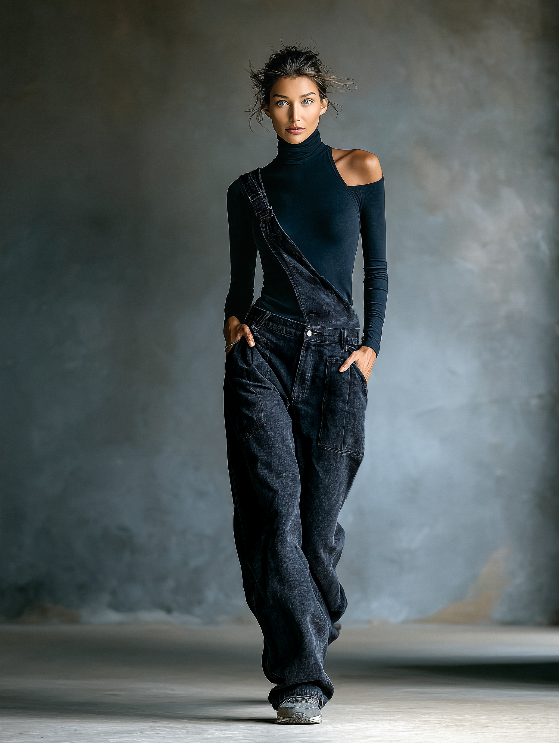 Women's Black Cotton One-shoulder Turtleneck Top And Blue-grey Denim Loose-fitting Overalls Set MDA2045K8T
