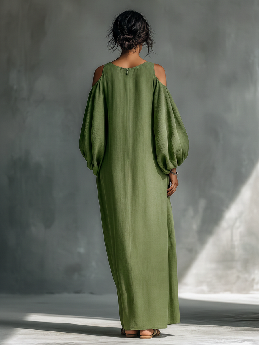 Women's Light Green Cold-Shoulder Maxi Dress With Oversized Puff Sleeves & Side Pockets MDZ1004B7T