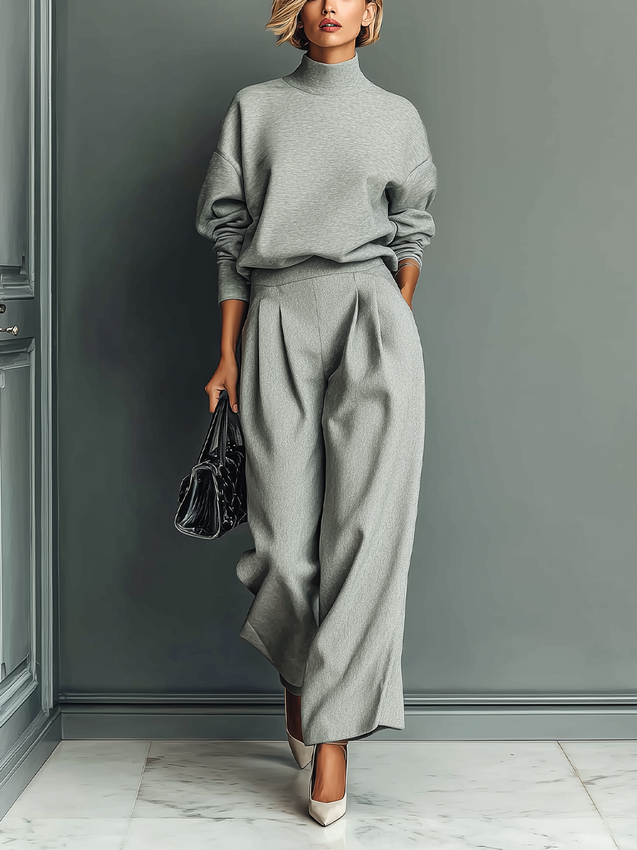 Women's Grey Blended Sweatshirt Wide-Leg Pants Set MDA1603H6T