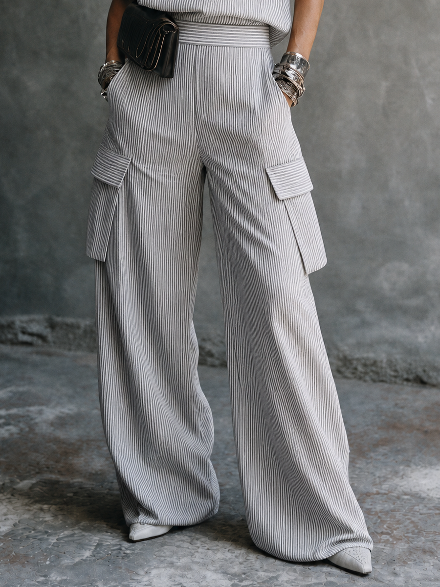 Women's Casual Vacation Gray White Cotton Blend Striped Wrap Top Cargo Pocket Wide-Leg Pants Set MDZ1618G6GMJ