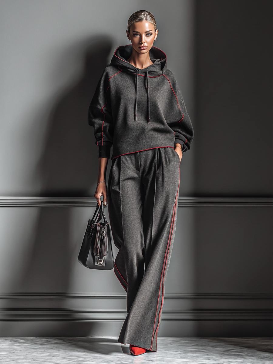 Women's Dark Gray Air Layer Red Contrasting Edge Hooded Sweatshirt And Straight Pants Set MDA1635J7T