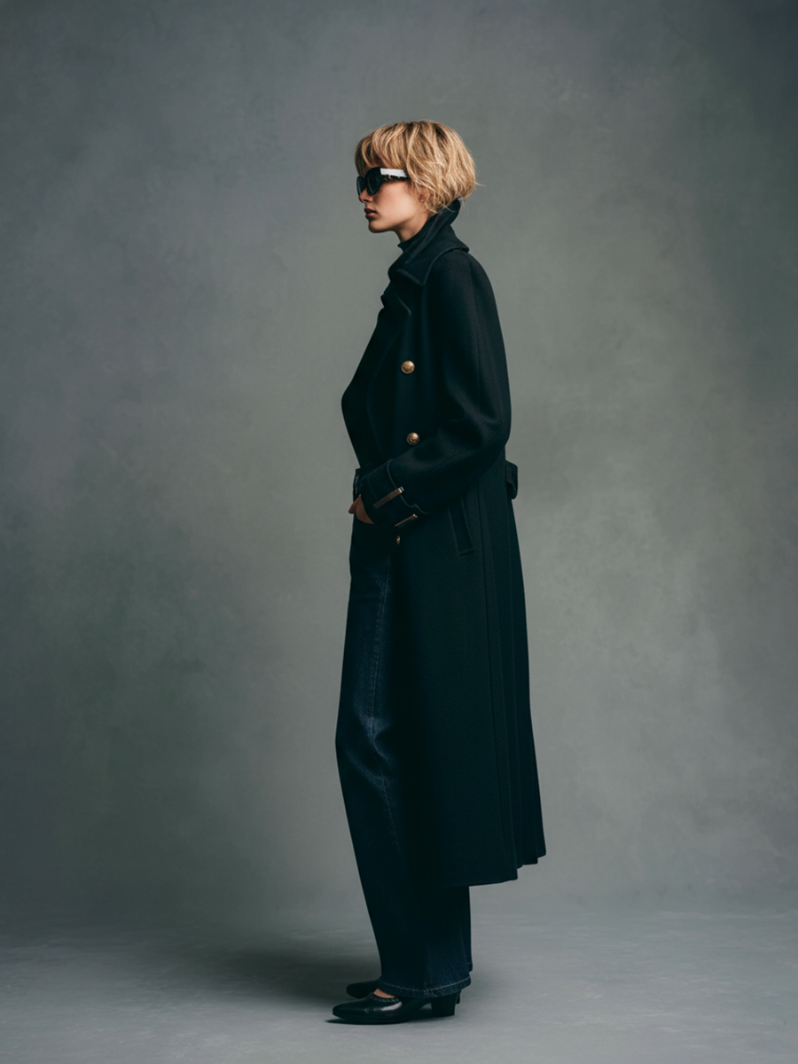 Women's Simple Black Wool Double-breasted Lapel Long Coat MDA2037L2BA