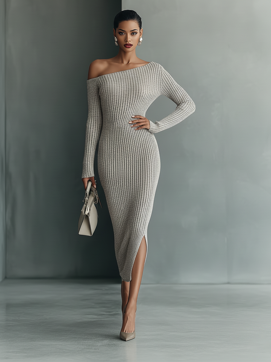 Women's Gray One-shoulder Knitted Dress MDA0233I9T