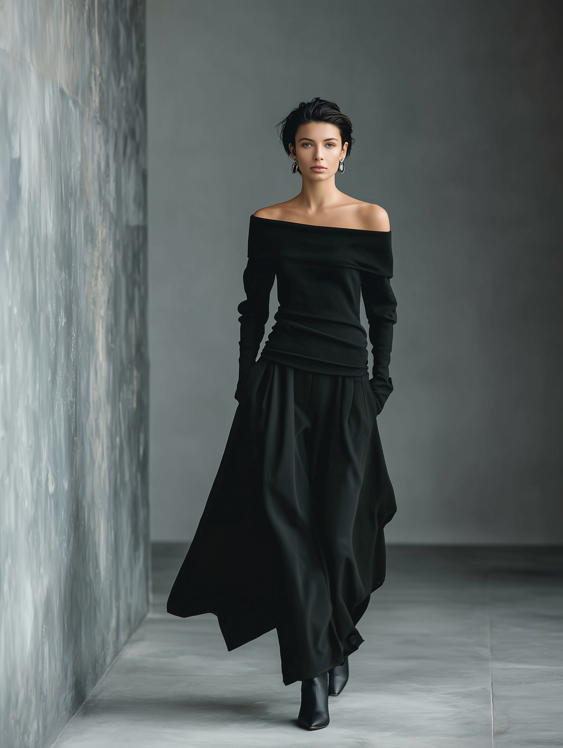 Women's Black Knit Off-Shoulder Fitted Top And Chiffon Skirt Set MDA1430K2T