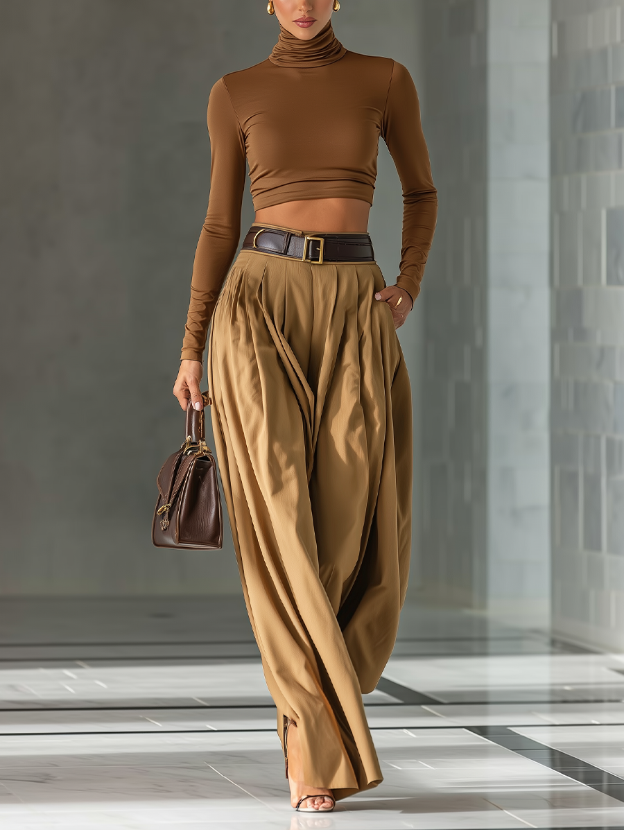 Women's Blended Brown Top And Wide-leg Pants Set MDA1209H0T
