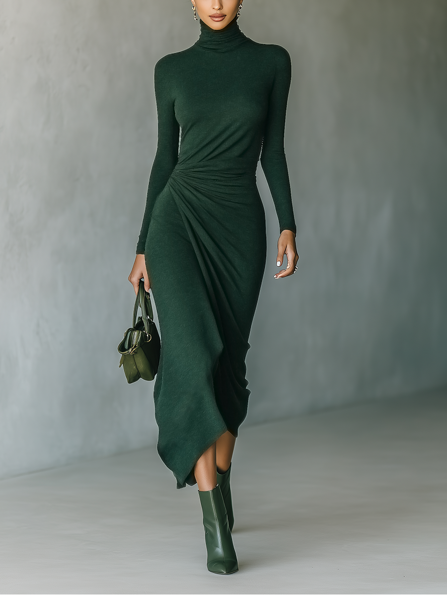 Women's Dark Green High-elastic Knitted High-neck Wrap Dress Midi Dress MDA2023J2T
