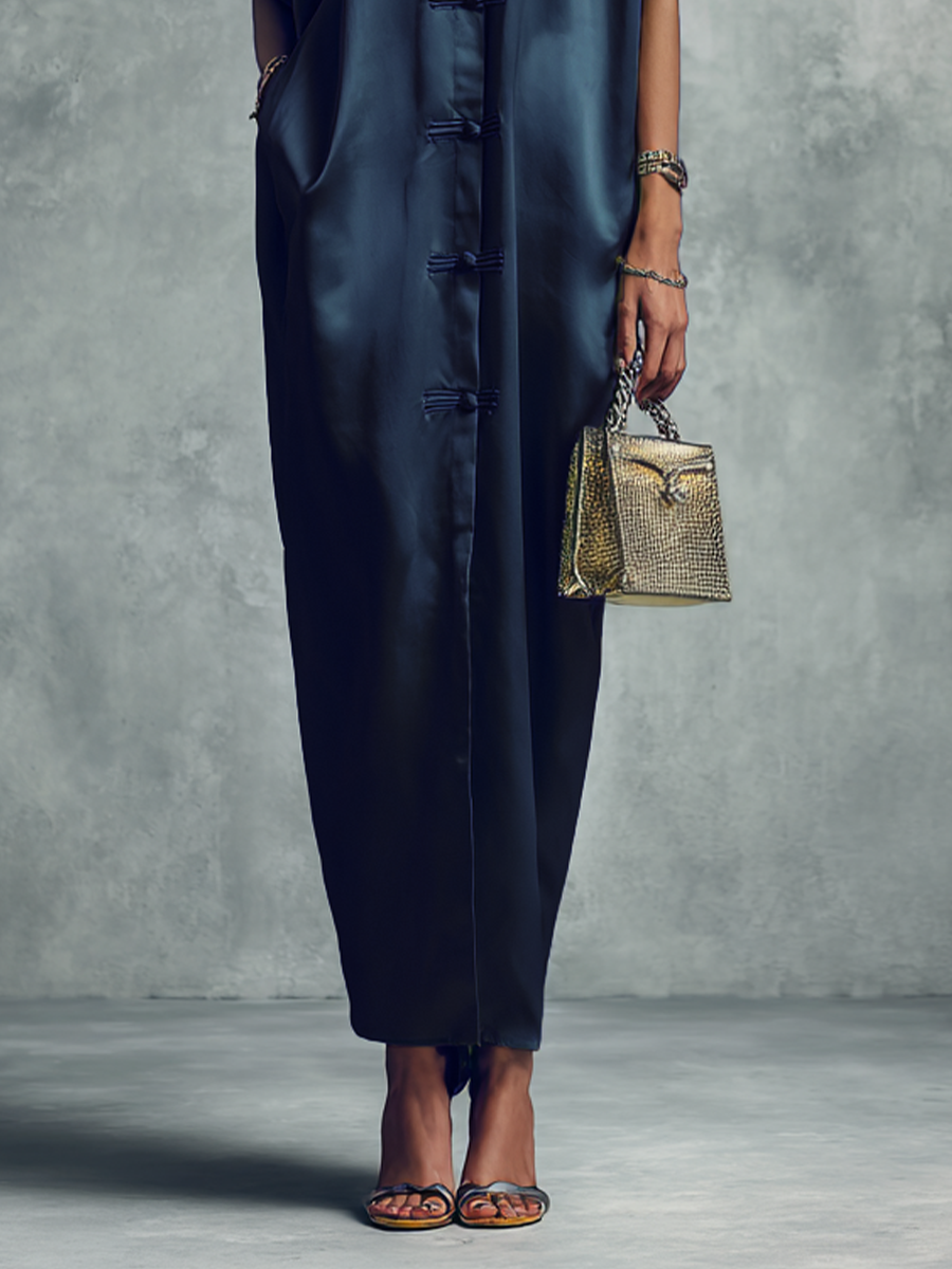 Women's Chinese-style Navy Blue Stand-up Collar Button Midi Dress MDZ1168B4BA