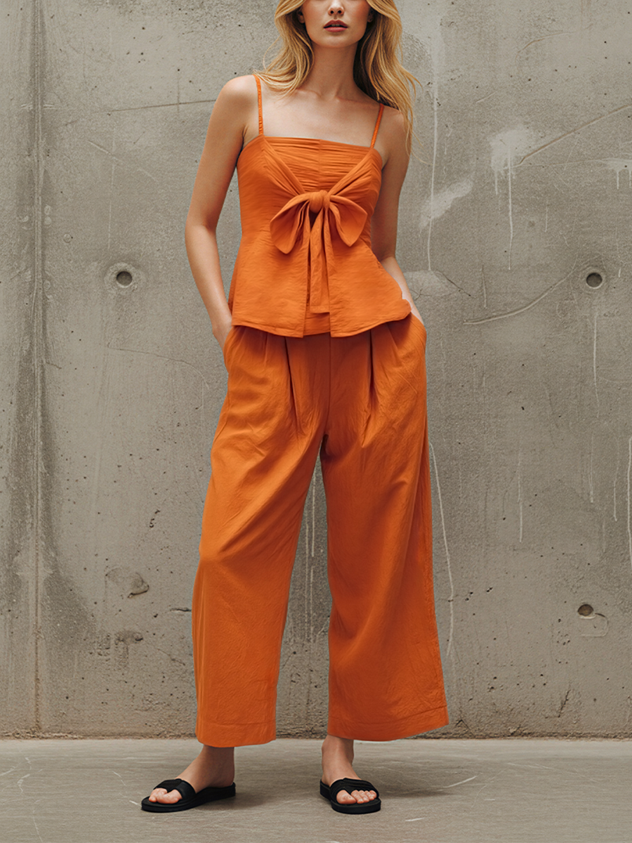 Women’s Orange Bow-Front Cami Top & High-Waisted Wide-Leg Pants Two-Piece Set MDZ2280E6T