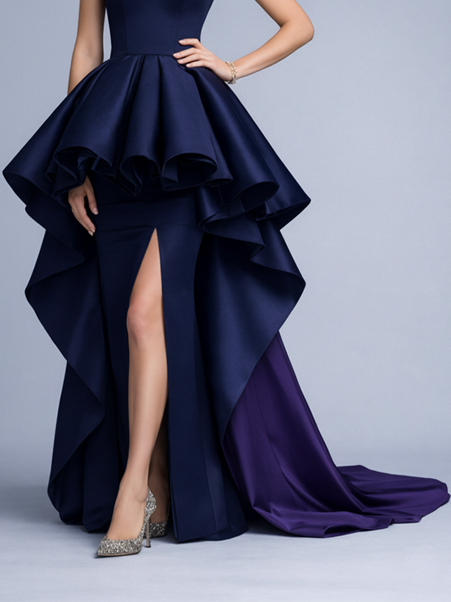 Women's Luxurious Navy Blue Satin Strapless Evening Gown With A Train MDA3174L3BA