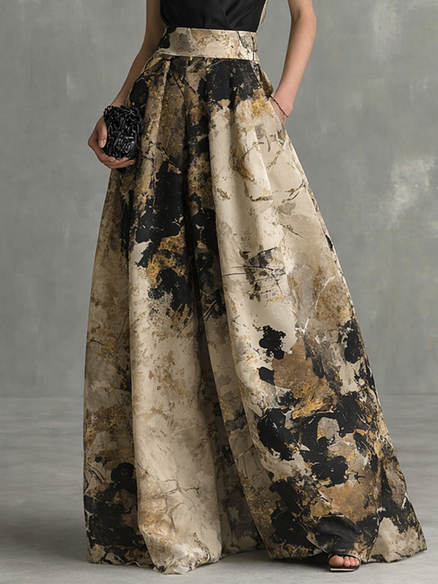 Women's Elegant Black And Beige Abstract Print V-Neck Spaghetti Strap Maxi Dress MDZ1483B2BA