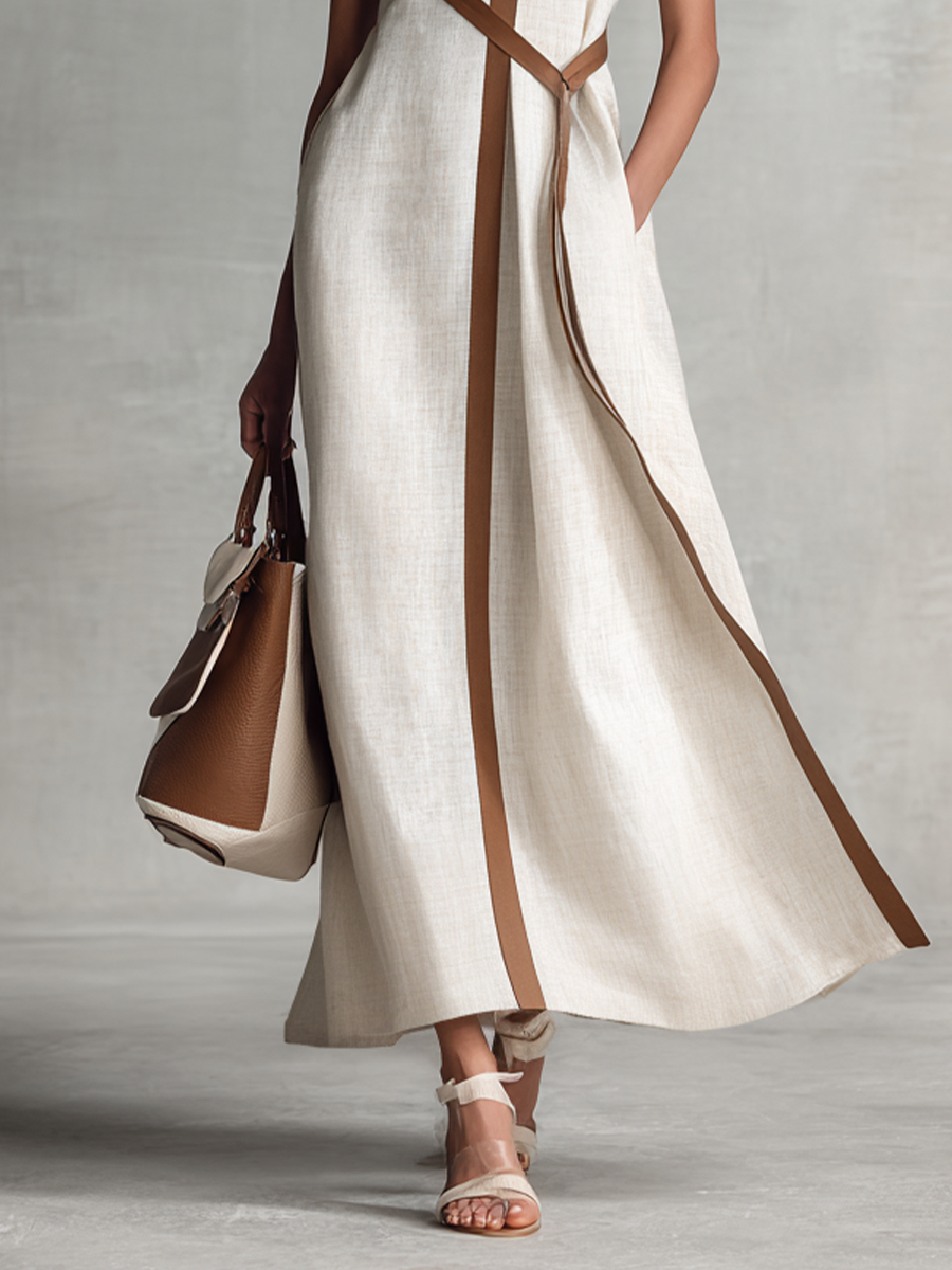 Women's Sleeveless V-Neck Tie-Waist Cotton Linen Maxi Dress MDZ1153B7BA