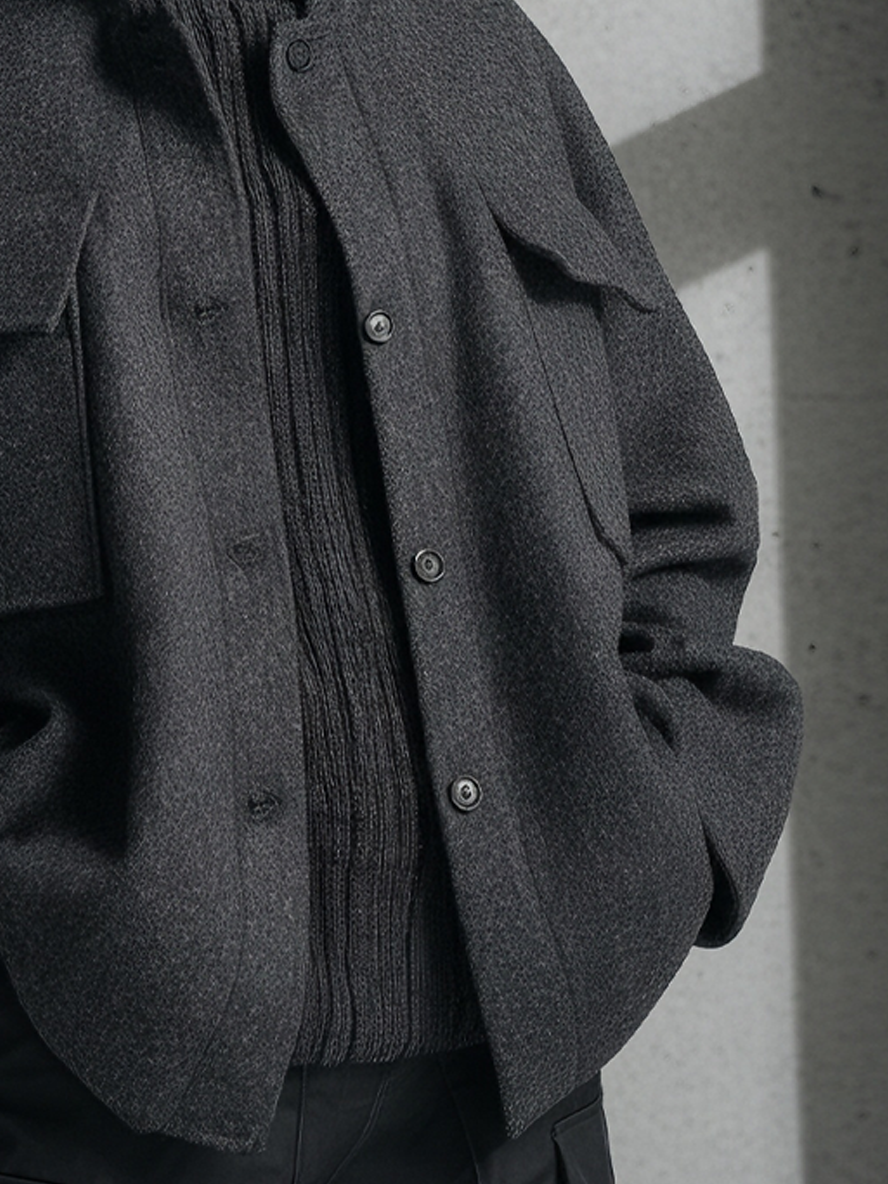 Women's Casual Wool Blend Charcoal Gray Stand-Collar Utility Pocket Oversized Jacket MDA1966L3AU