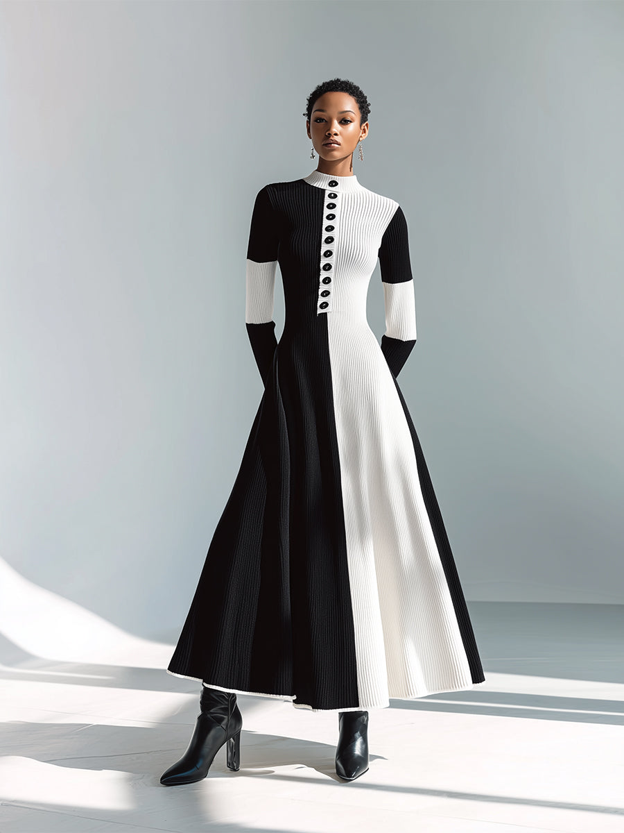 Women's Black - White Chic Rib - Knit Button - Detail Maxi Dress MDA1106H3I