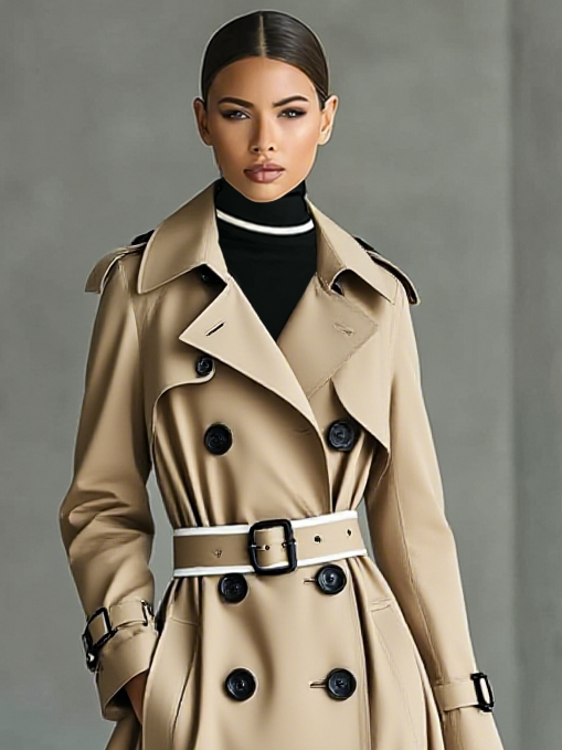 Women's Fashion Lapel Belt Double Breasted Long Trench Coat MDA3002H7Y