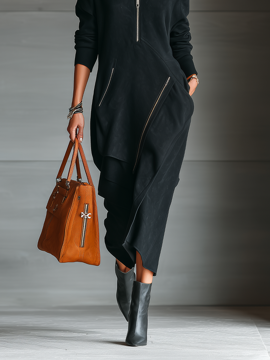 Women's Black Cotton Air Layer Stand Collar Half Zip Simple Sports Style Maxi Dress MDA2477I4T