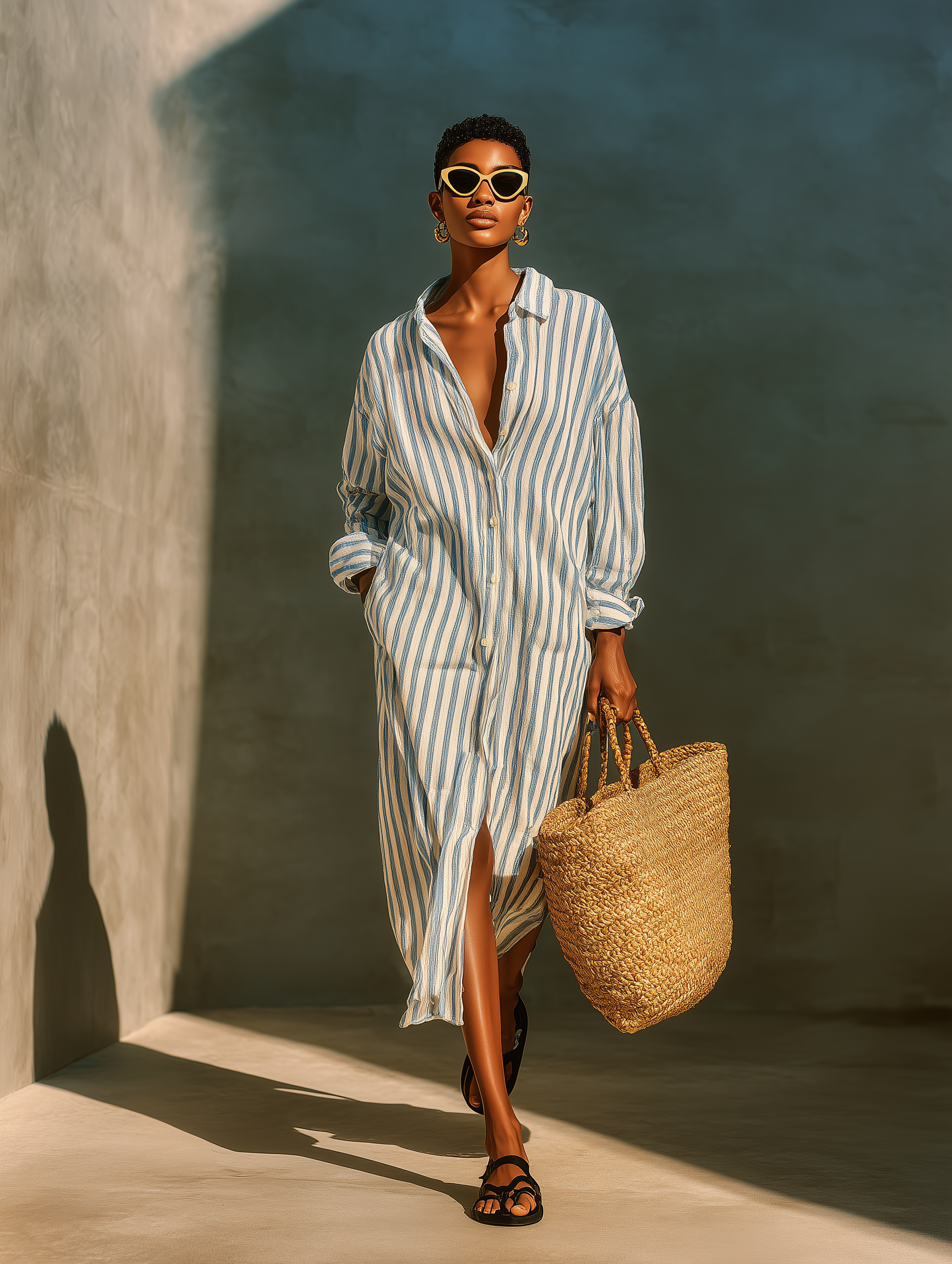 Women's Fashionable Casual Blue And White Striped Long-sleeved Shirt Dress MDA2483K4AN