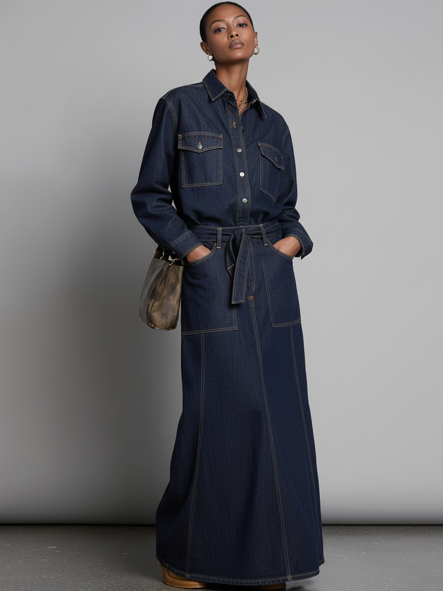 Women's Raw Denim Shirt And Long Skirt Set MDA1727K8Y