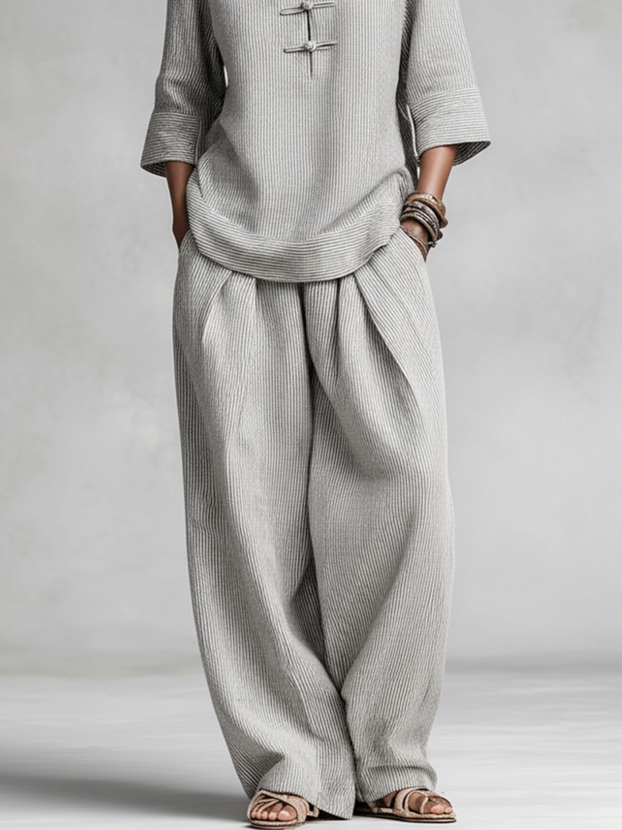 Women's Grey Striped Set With Frog Button Blouse & Wide-Leg Pants, Timeless Ethnic-Minimalist Style Set MDZ0378C9I