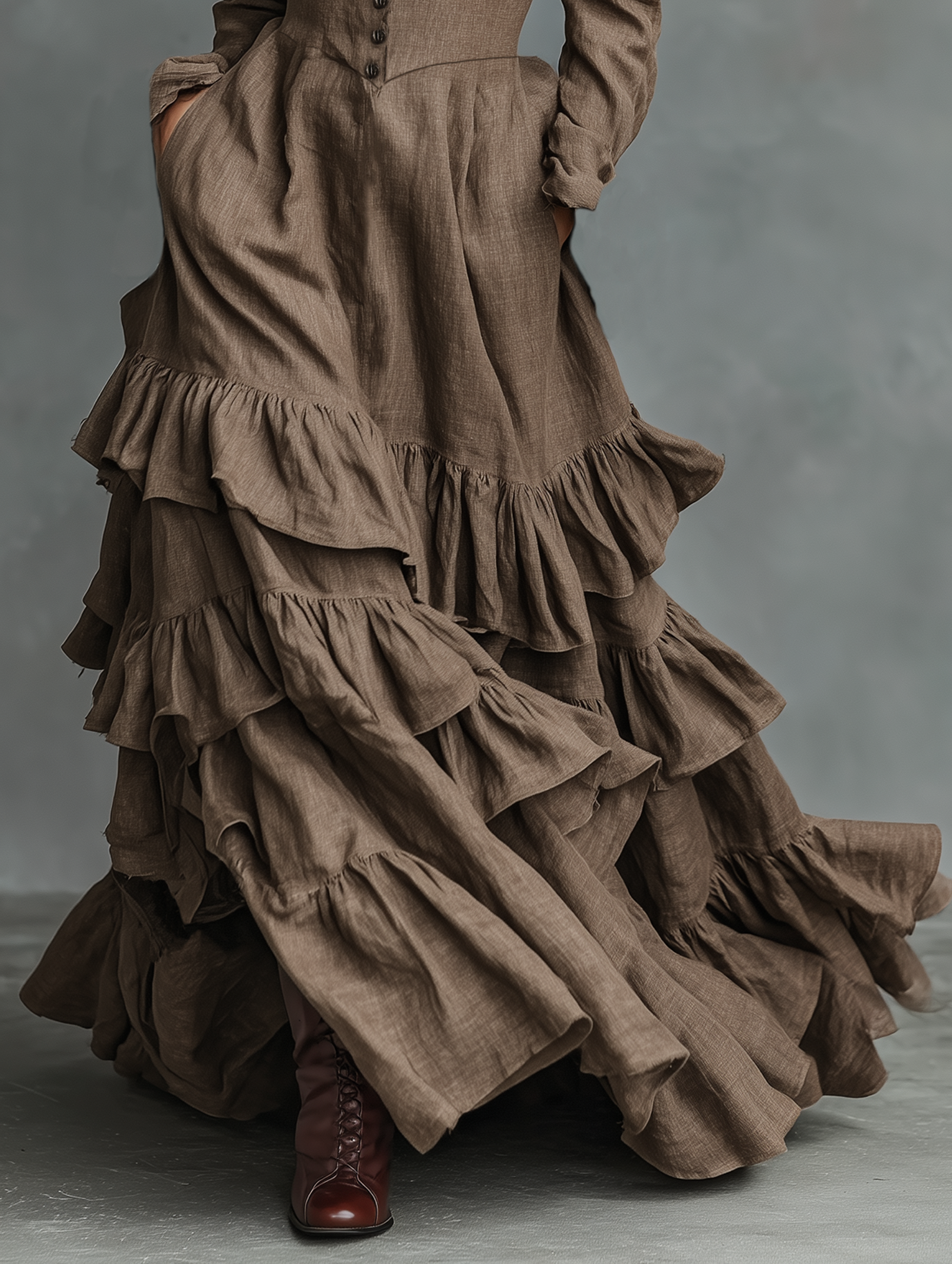 Women's Cotton And Linen Waisted Maxi Dress With Multi-layered Ruffled Hem MDA2742K0Y