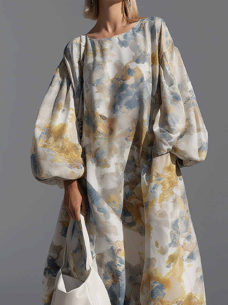 Women's Lantern Sleeve Straight Silhouette Romantic Chiffon Print Maxi Dress MDA3016G6I