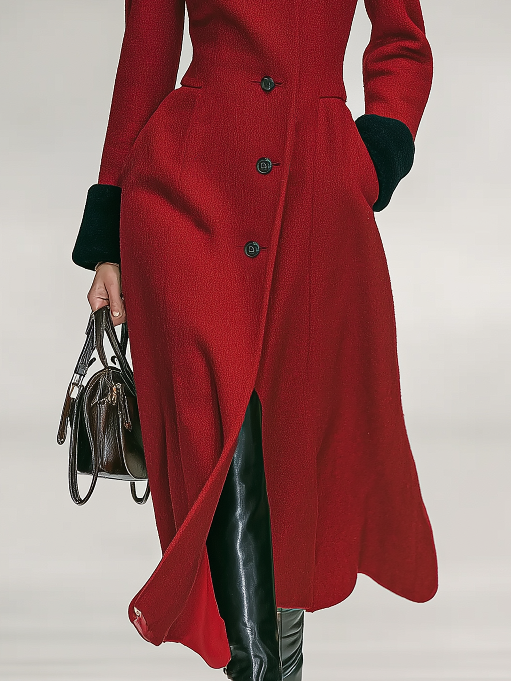 Women's Wool Blended Spliced plush Cuffs Stand Collar Single-breasted Long Coat MDA1185J7Y