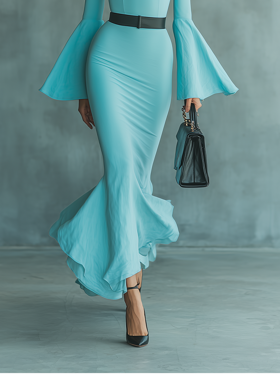 Women’s Lake Blue Mixed Fabric Bell Sleeve Slim Fit Maxi Dress (Without Belt) MDA2942G6T