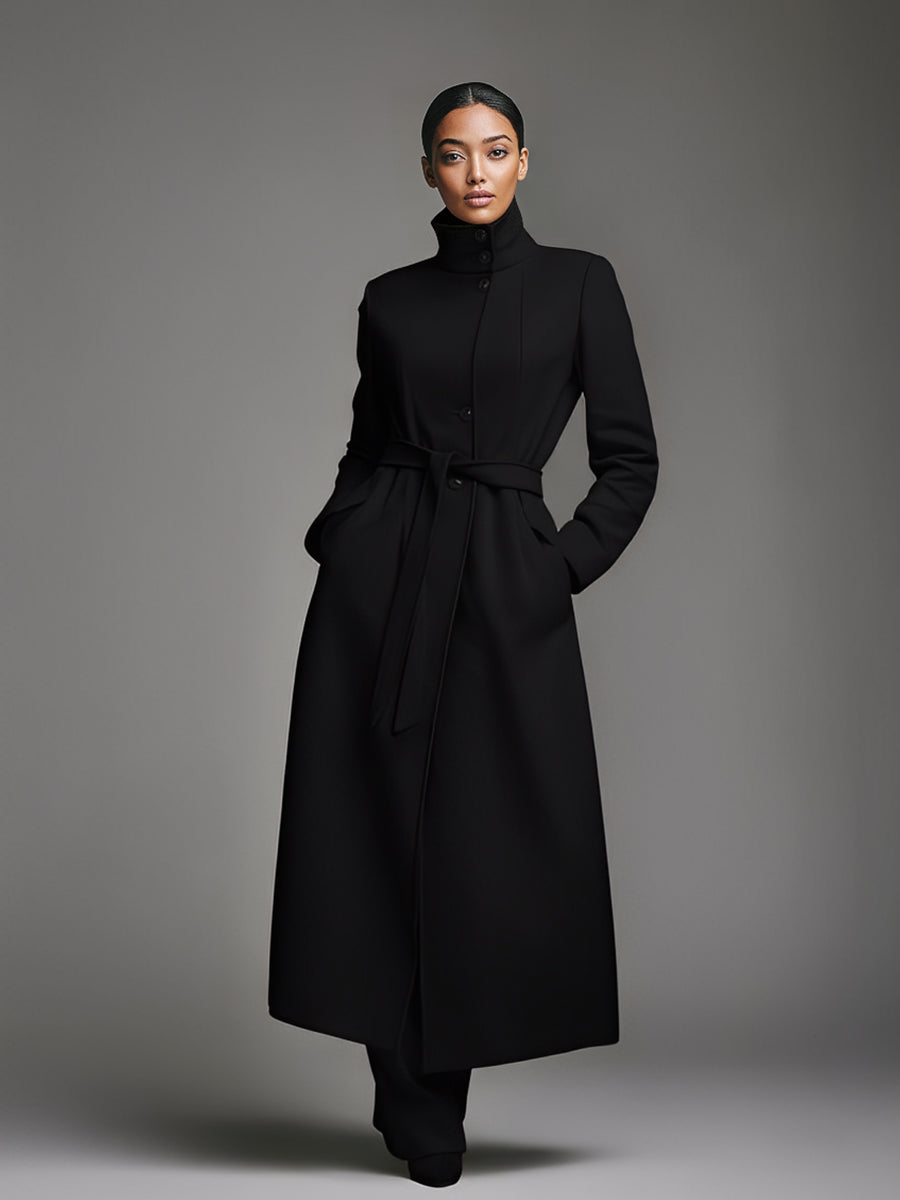Women's Black Elegant Wool - Blend Stand - Collar Belted Maxi Coat MDA1064J6I